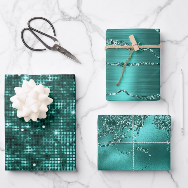 Stilvolle Aquamarine Glitzer- und Marmoreffektmust Geschenkpapier Set (Vorderseite)