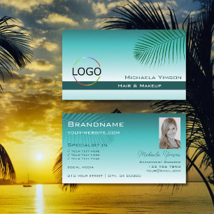 Stilvolle Aquamarine Gradient Palm Leaf Logo und F Visitenkarte