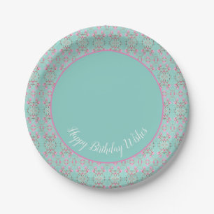 Stilvolle Aquamarine Rosa und Weiß Happy Birthday  Pappteller