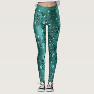 Stilvolle Aquamarine Shimmer Glitzer und Foil Flor Leggings