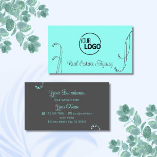 Stilvolle Aquamarine und graue Ornamente mit Logo  Visitenkarte