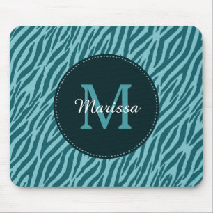 Stilvolle Aquamarine Zebra-Print mit Monogramm und Mousepad