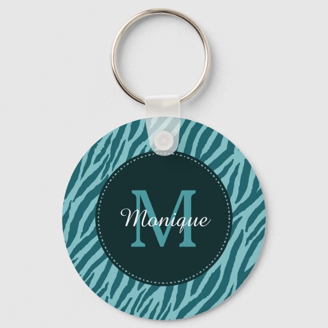 Stilvolle Aquamarine Zebra-Print mit Monogramm und Schlüsselanhänger (Vorderseite)