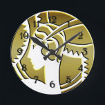 Stilvolle Art Deco Dame in Gold Round Clock Runde Wanduhr<br><div class="desc">Dieses Design ist eine sehr elegante Uhr und besticht durch eine stilvolle Art-Déco-Dame in Gold. Sie zeigt ein sehr glamouröses Profil und trägt das typische Vintage Kostüm eines Flappers aus der Gatsby-Ära aus den 20er Jahren.</div>