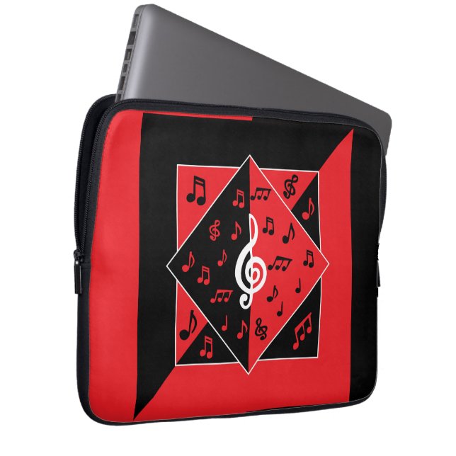 Stilvolle Art Deco Musiknoten Rot Schwarz-weiß Laptopschutzhülle (Vorne Rechts)