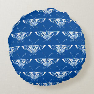 Stilvolle Art-Deco-Schmetterlinge, Kobalt blau und Rundes Kissen