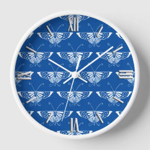 Stilvolle Art-Deco-Schmetterlinge, Kobalt blau und Wanduhr