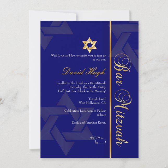 Stilvolle Bar Mitzvah/dunkelblau/gold Einladung (Vorderseite)