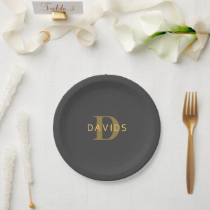 Stilvolle Bezeichnung & Monogramm Gold & Dunkelg Pappteller