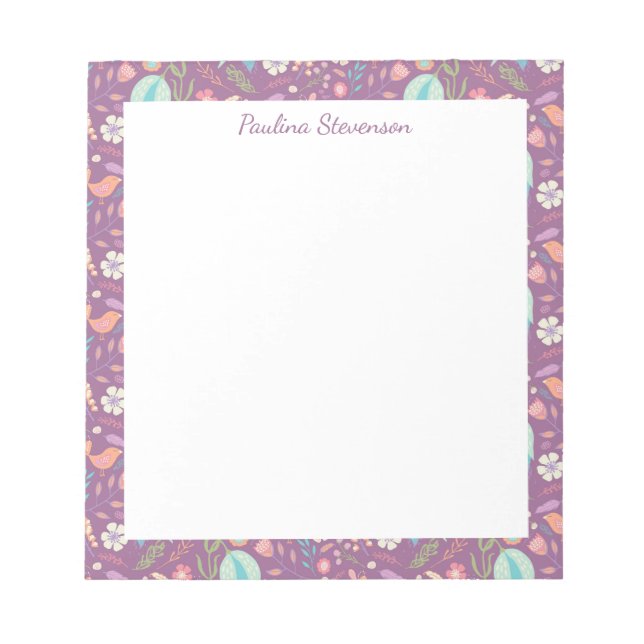 Stilvolle Birds Blume Mauve Muster Personalisiert Notizblock (Vorderseite)