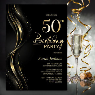 Stilvolle Black and Gold 50. Geburtstagsparty Einladung