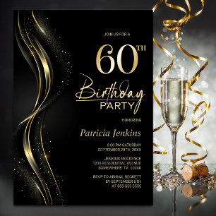 Stilvolle Black and Gold 60. Geburtstagsparty Einladung
