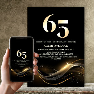 Stilvolle Black and Gold 65. Geburtstagsparty Einladung