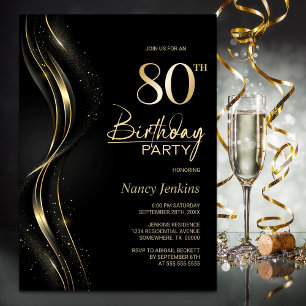 Stilvolle Black and Gold 80. Geburtstagsparty Einladung