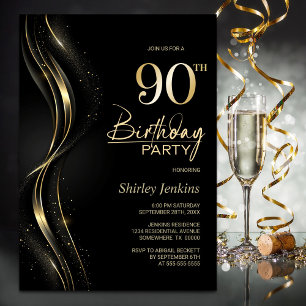 Stilvolle Black and Gold 90. Geburtstagsparty Einladung