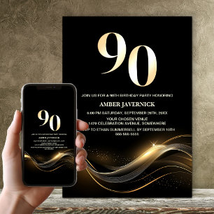 Stilvolle Black and Gold 90. Geburtstagsparty Einladung