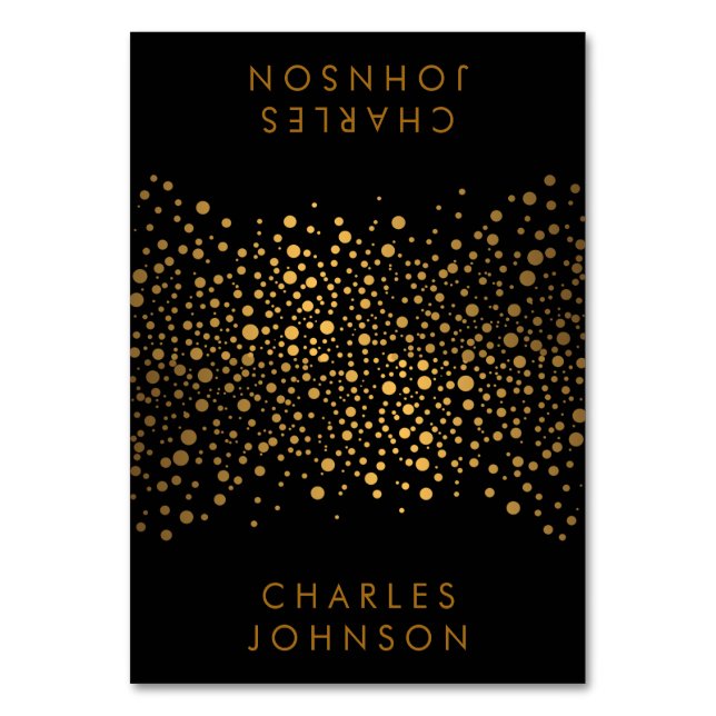 Stilvolle Black and Gold Confetti Dots | PLATZKART Tischnummer (Vorderseite)