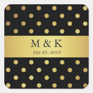 Stilvolle Black and Gold Polka Dots Monogram Quadratischer Aufkleber