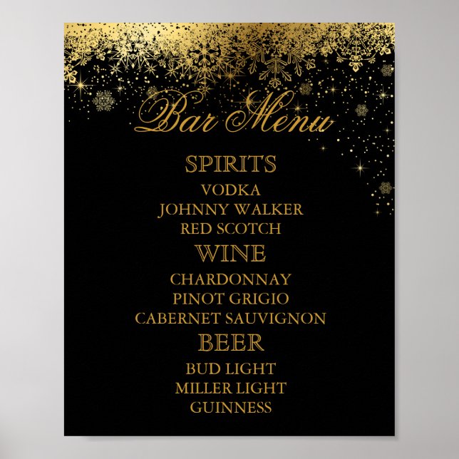 Stilvolle Black and Gold Snowflakes - Bar Menu Poster (Vorne)