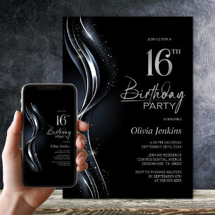 Stilvolle Black and Silver 16. Geburtstagsparty Einladung
