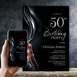 Stilvolle Black and Silver 50. Geburtstagsparty Einladung
