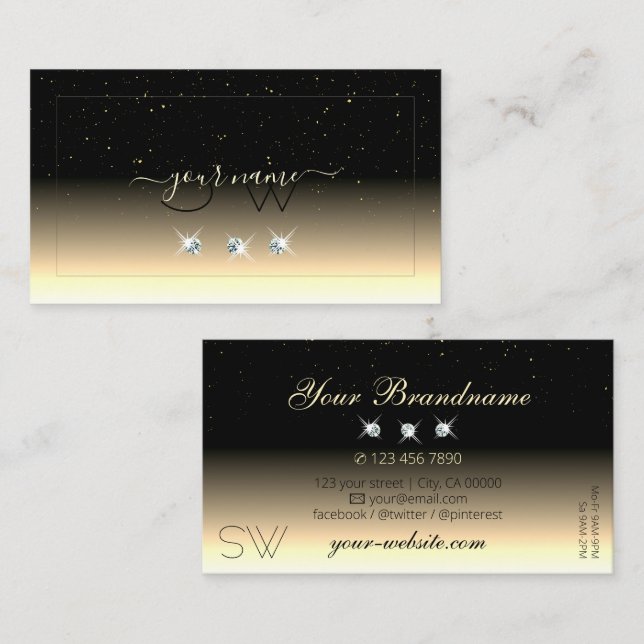 Stilvolle Black Cream Gold Sparkle Diamonds Monogr Visitenkarte (Vorne/Hinten)