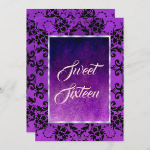 Stilvolle Black Damask & Gothic Lila Sweet 16 Einladung