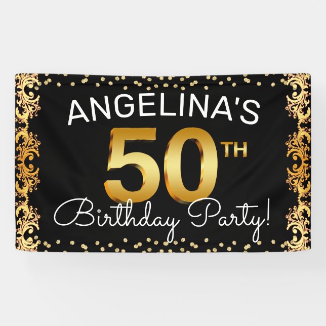 Stilvolle Black & Gold 50. Geburtstagsparty Banner (Horizontal)