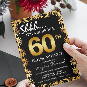 Stilvolle Black & Gold 60. Überraschung Geburtstag Einladung