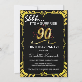 Stilvolle Black & Gold 90. Überraschung Geburtstag Einladung