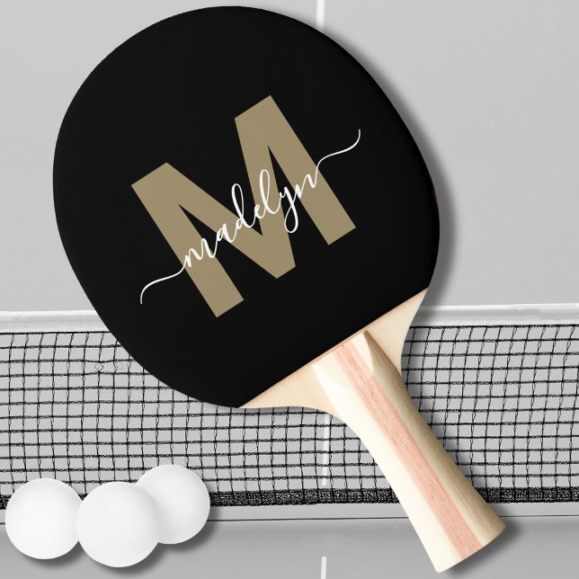 Stilvolle Black Gold Elegante Script Name Monogram Tischtennis Schläger (Stylish Black Gold Elegant Script Name Monogram Ping Pong Paddle)