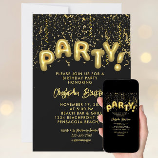 Stilvolle Black & Gold Foil Party Ballon Geburtsta Einladung