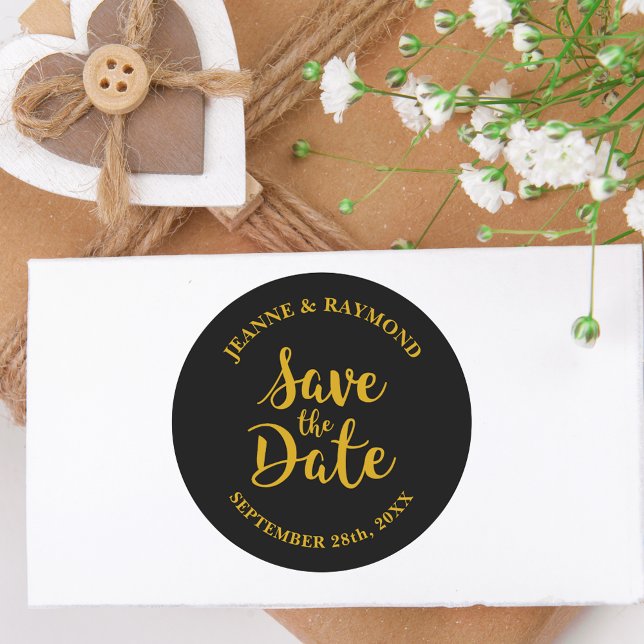 Stilvolle Black Gold Foil Save the Date Hochzeit Runder Aufkleber (Von Creator hochgeladen)