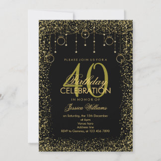 Stilvolle Black & Gold Glitzer Dekoration Geburtst Einladung