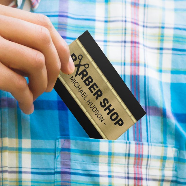 Stilvolle Black & Gold Masculine Barber Shop Visitenkarte (Von Creator hochgeladen)