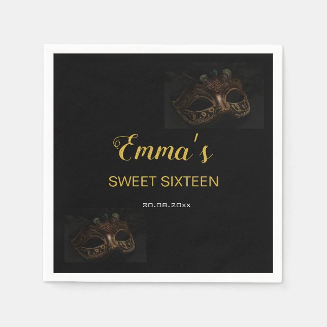Stilvolle Black & Gold Masquerade Maske 16 Geburts Serviette (Vorderseite)