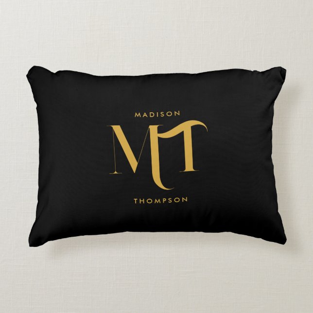 Stilvolle Black & Gold Monogram Initials Letters Dekokissen (Vorderseite)