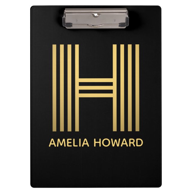 Stilvolle Black & Gold Monogram Klemmbrett (Vorderseite)