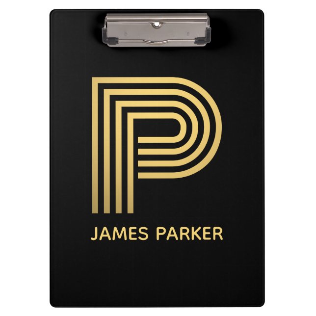 Stilvolle Black & Gold Monogram Klemmbrett (Vorderseite)