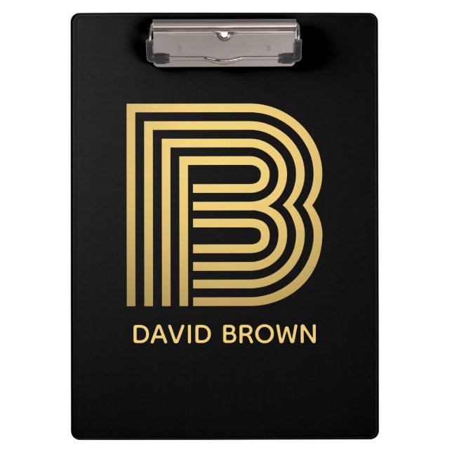 Stilvolle Black & Gold Monogram Klemmbrett (Vorderseite)