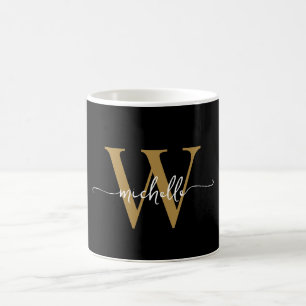 Stilvolle Black Gold Monogram Name Script-Signatur Kaffeetasse