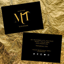 Stilvolle Black & Gold Monogram Social Media Icons Visitenkarte