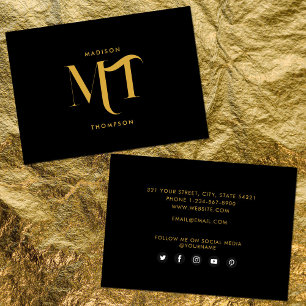 Stilvolle Black & Gold Monogram Social Media Icons Visitenkarte