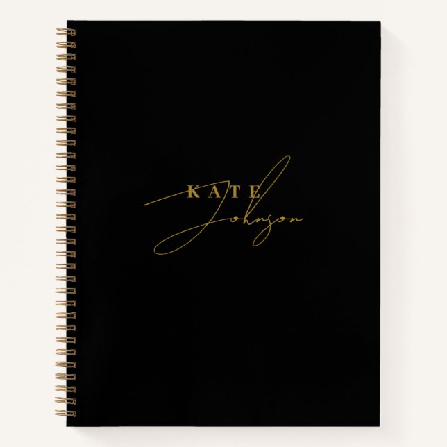 Stilvolle Black Gold Signature Script Monogram Notizbuch (Vorderseite)