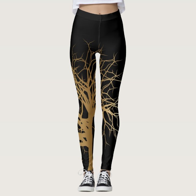 Stilvolle Black Gold Tree of Life Yoga Leggings (Vorderseite)