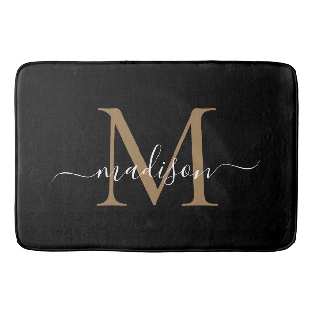 Stilvolle Black Gold White Monogram Feminine Scrip Badematte (Vorderseite)