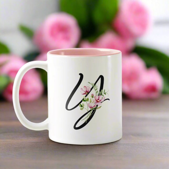 Stilvolle Black Letter "Y" Rosa Blume Blätter Zweifarbige Tasse (Von Creator hochgeladen)