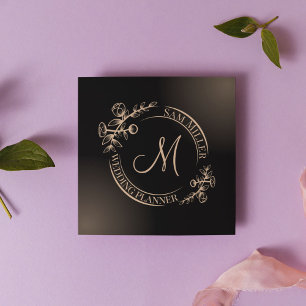 Stilvolle Black Lux Chic Floral Monogram Quadratische Visitenkarte