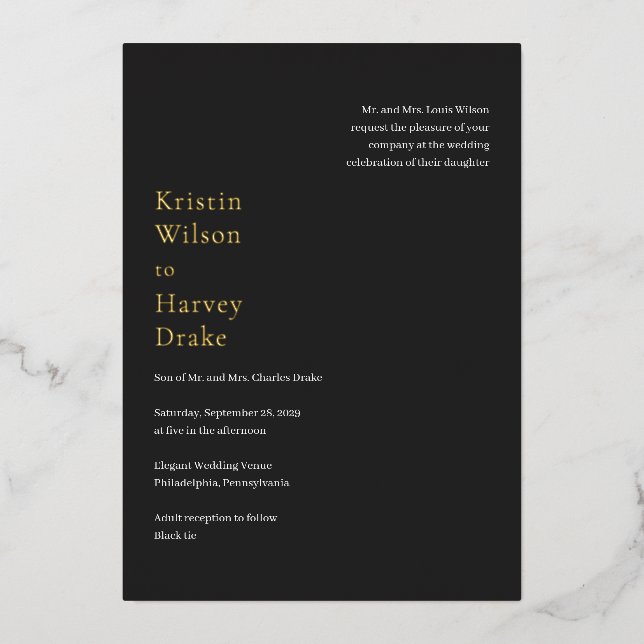Stilvolle Black Modern Wedding Folieneinladung (Vorderseite)