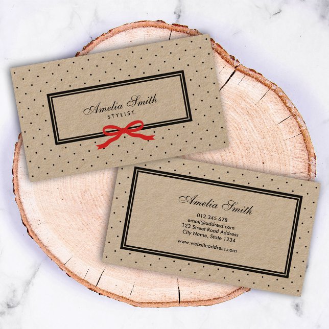 Stilvolle Black Polka Dot und Red Ribbon Kraft Visitenkarte (Von Creator hochgeladen)